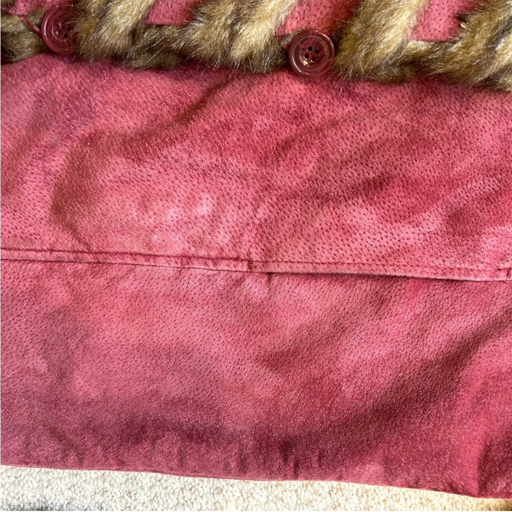 Dennis Basso Cranberry Suede Faux Fur Hooded Coat - Picture 9 of 15